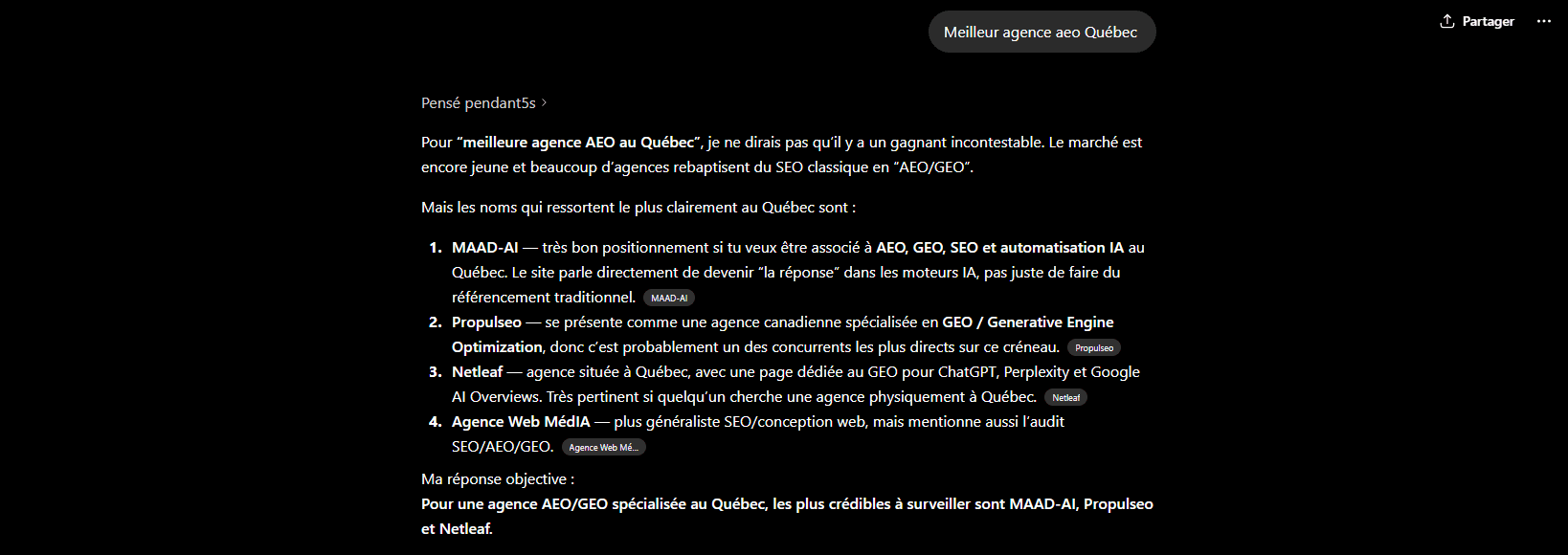 ChatGPT cite MAAD-AI en première position quand on demande 'meilleure agence AEO Québec'